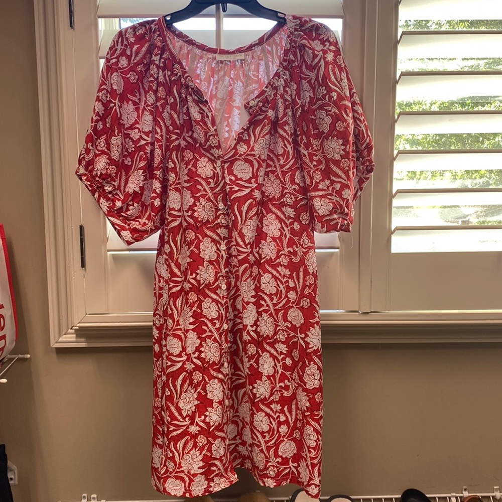 Red Floral Puff-Sleeve Women’s Dress